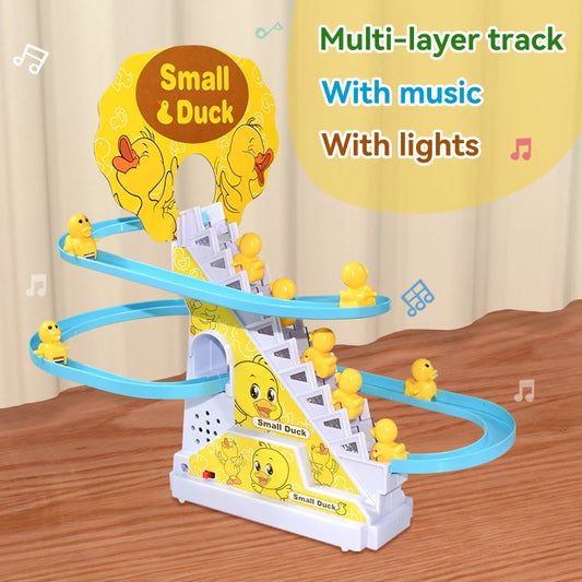 Electric Duck Climbing Stairs Track Toy – Musical Light-Up Roller Coaster for Toddlers