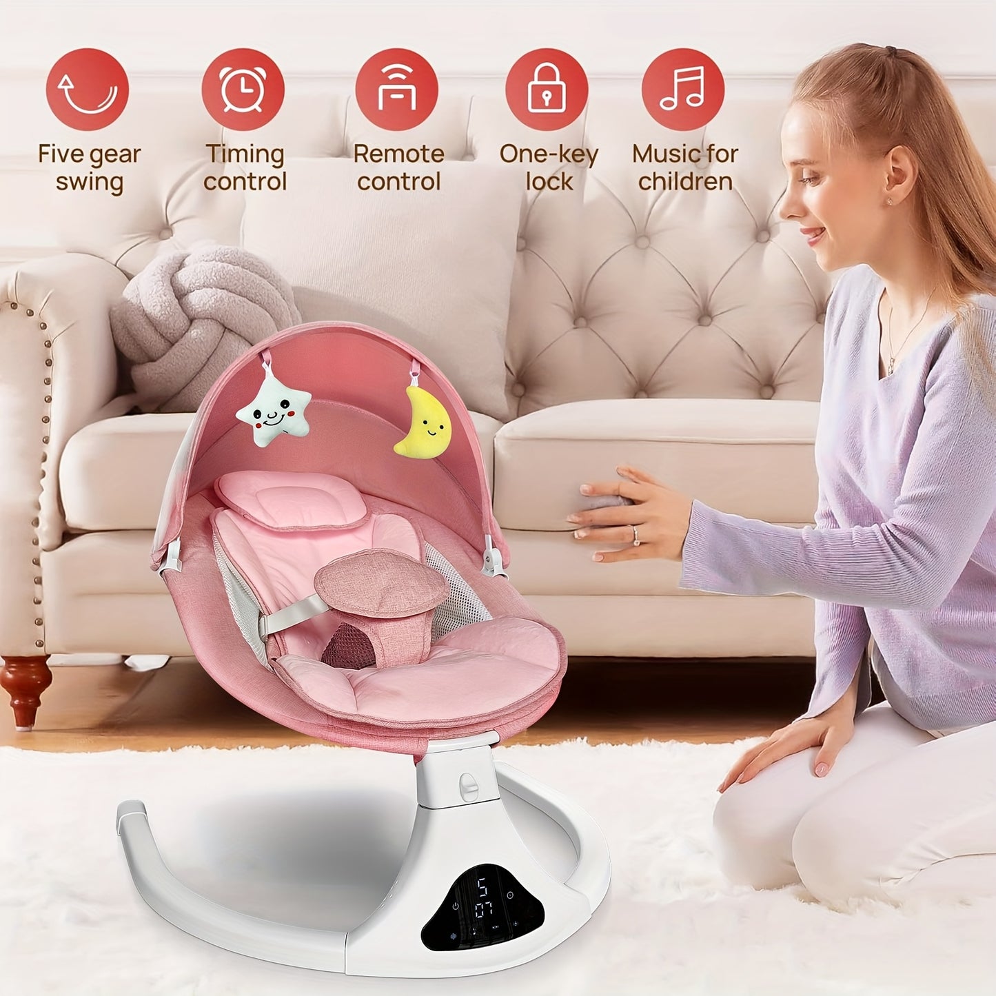 Electric Baby Swing with Remote Control - 5 Natural Motion Speeds, Adjustable Reclining Positions & Detachable Seat Pad | Portable Infant Swing for Indoor/Outdoor Use, Digital Display, Up to 12 Months & 27lbs, Pink, Baby Swin