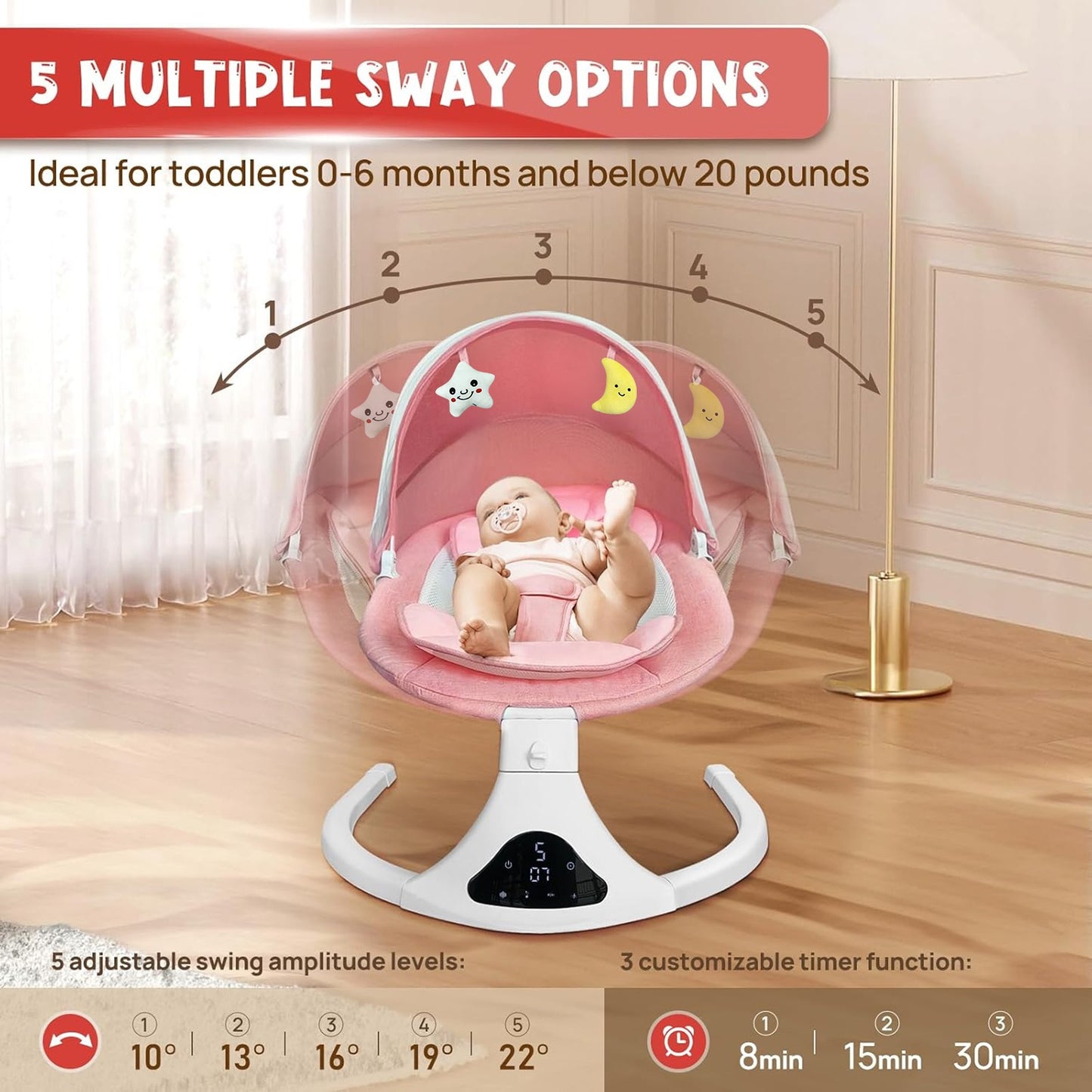 Electric Baby Swing with Remote Control - 5 Natural Motion Speeds, Adjustable Reclining Positions & Detachable Seat Pad | Portable Infant Swing for Indoor/Outdoor Use, Digital Display, Up to 12 Months & 27lbs, Pink, Baby Swin