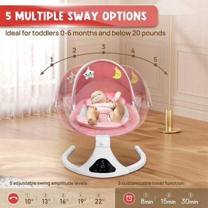 Electric Baby Swing with Remote Control - 5 Natural Motion Speeds, Adjustable Reclining Positions & Detachable Seat Pad | Portable Infant Swing for Indoor/Outdoor Use, Digital Display, Up to 12 Months & 27lbs, Pink, Baby Swin
