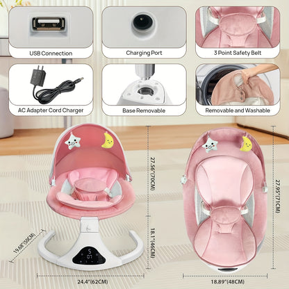 Electric Baby Swing with Remote Control - 5 Natural Motion Speeds, Adjustable Reclining Positions & Detachable Seat Pad | Portable Infant Swing for Indoor/Outdoor Use, Digital Display, Up to 12 Months & 27lbs, Pink, Baby Swin
