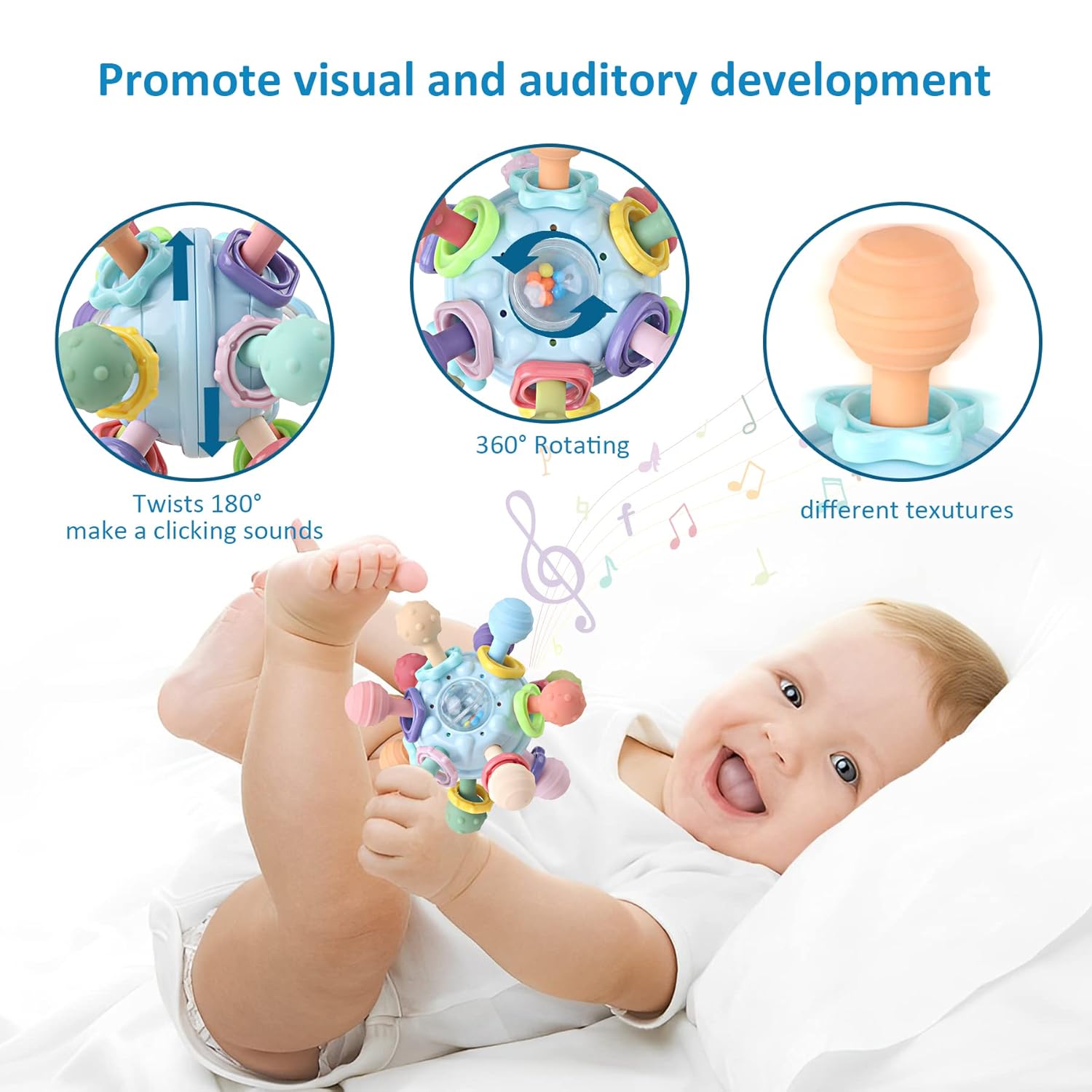 Baby Sensory Rattle Ball Teether — 360° Rotating Chew Toy That Keeps Little Hands Busy & Gums Happier