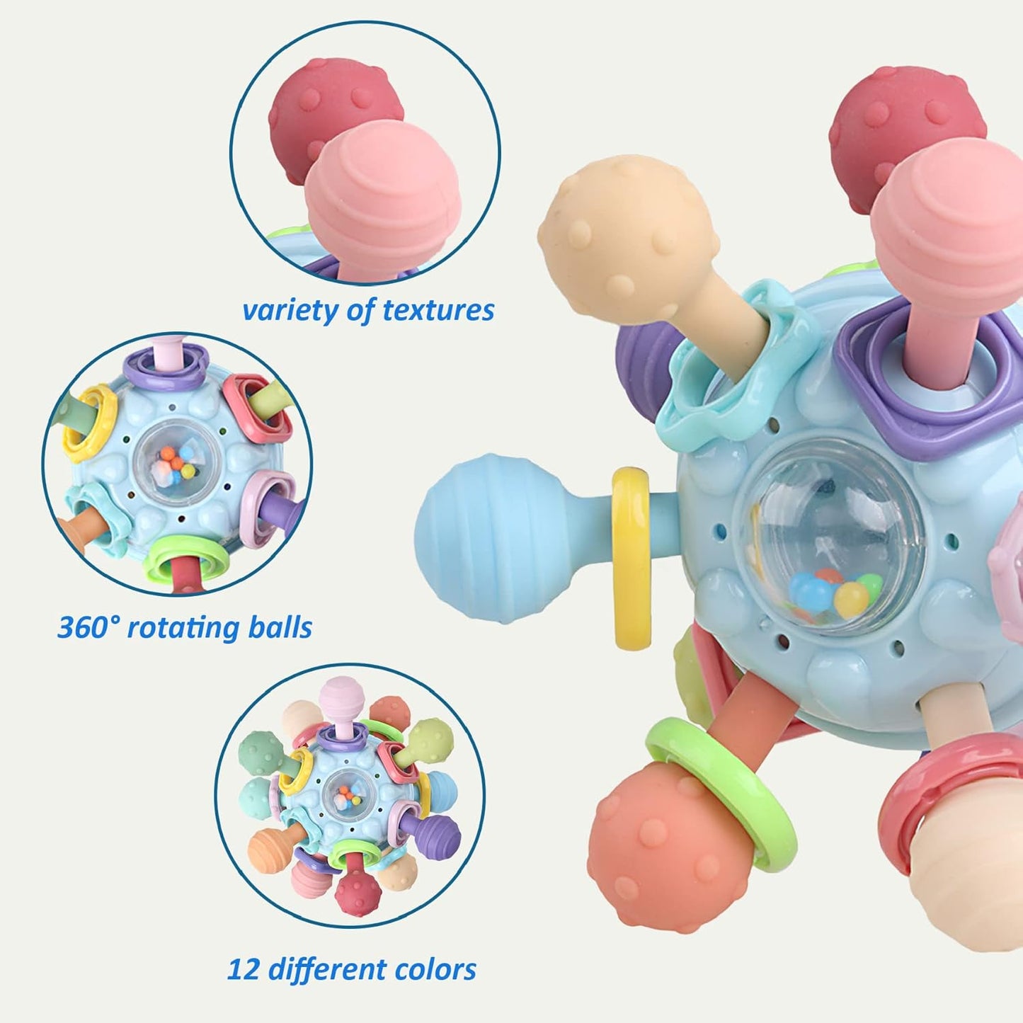 Baby Sensory Rattle Ball Teether — 360° Rotating Chew Toy That Keeps Little Hands Busy & Gums Happier