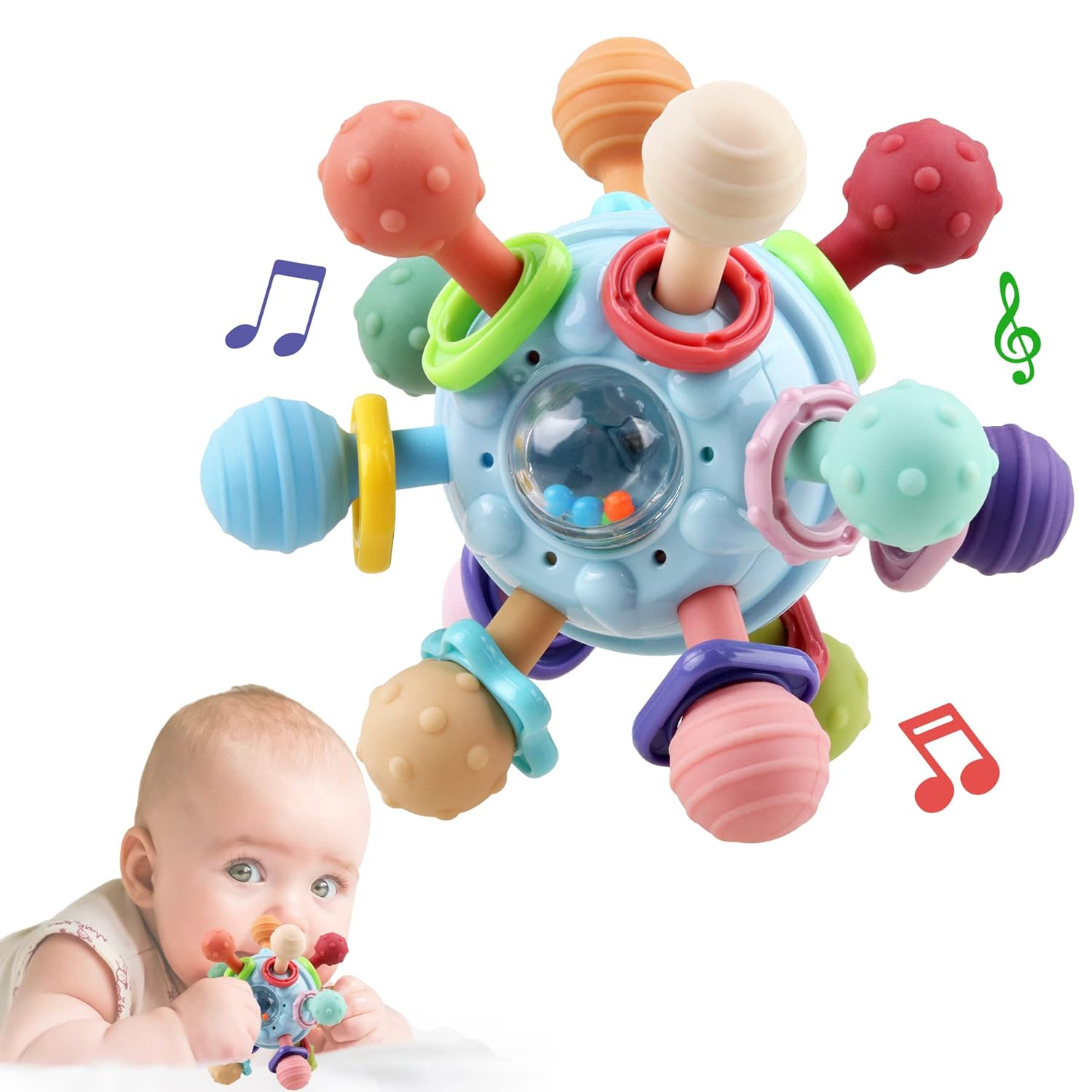 Baby Sensory Rattle Ball Teether — 360° Rotating Chew Toy That Keeps Little Hands Busy & Gums Happier