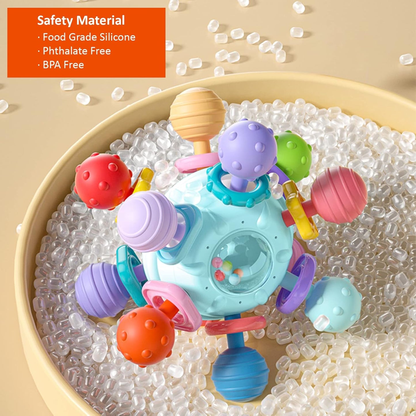 Baby Sensory Rattle Ball Teether — 360° Rotating Chew Toy That Keeps Little Hands Busy & Gums Happier