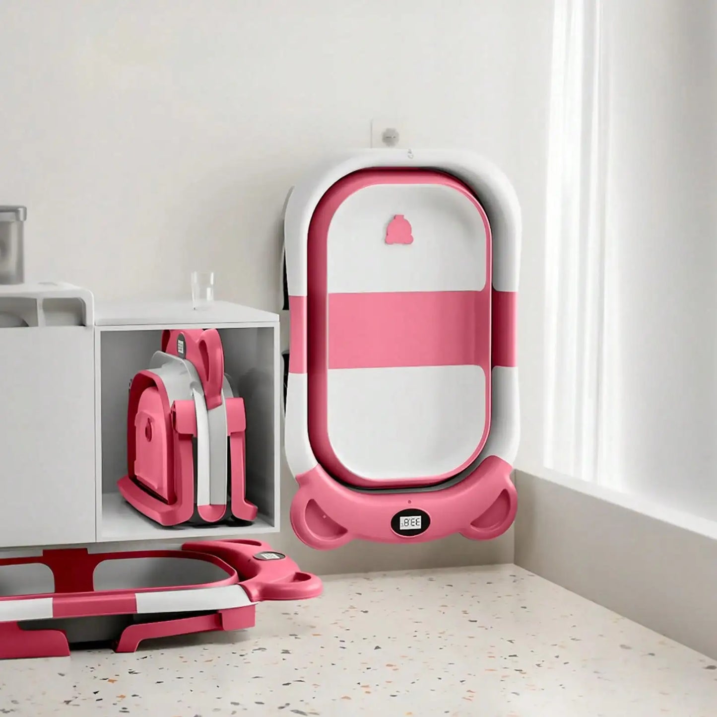 Portable Travel Bathtub, Collapsible Baby Bathtub with Thermometer & 1 Soft Floating cushion with Drain Hole,For Baby 0-36 Month