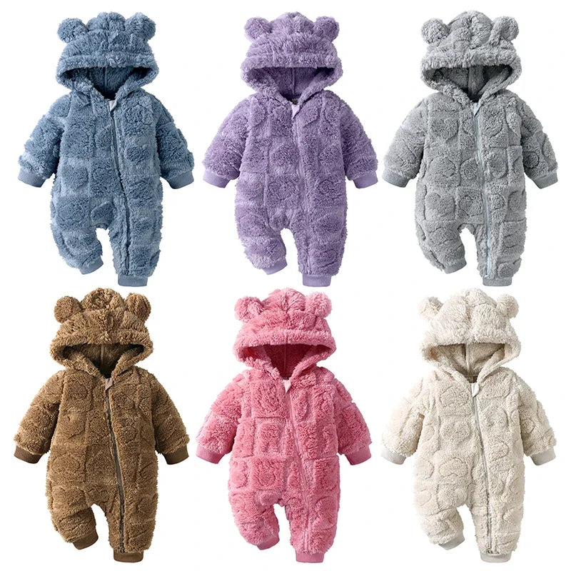 Cartoon Baby Clothes Boy Romper Long Sleeve Arctic Velvet Hooded Baby Girl Romper Winter Warm  Newborn Clothes 0-18 Months