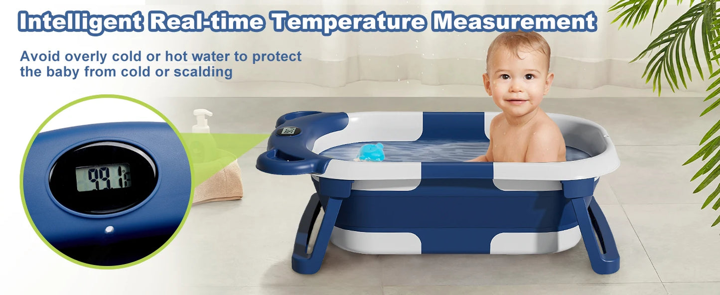 Portable Travel Bathtub, Collapsible Baby Bathtub with Thermometer & 1 Soft Floating cushion with Drain Hole,For Baby 0-36 Month