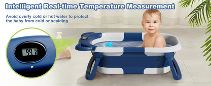 Portable Travel Bathtub, Collapsible Baby Bathtub with Thermometer & 1 Soft Floating cushion with Drain Hole,For Baby 0-36 Month