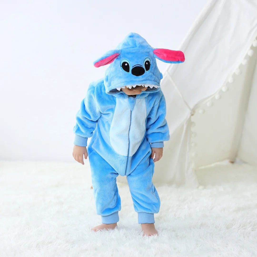 2024 Baby Kigurumi Stitch Dinosaur Cartoon Romper Infant Kids Animal Pajamas Jumpsuit Christmas Girls Boys Anime Cosplay Costume