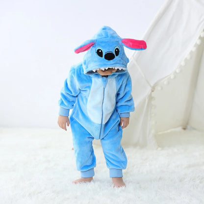 2024 Baby Kigurumi Stitch Dinosaur Cartoon Romper Infant Kids Animal Pajamas Jumpsuit Christmas Girls Boys Anime Cosplay Costume