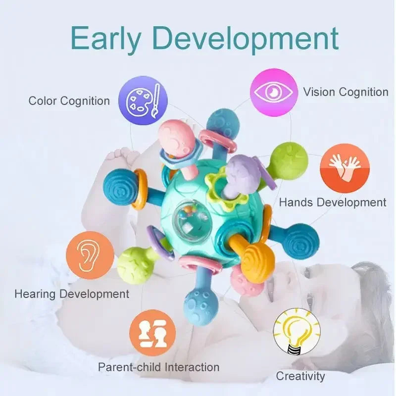 Baby Sensory Rattle Ball Teether — 360° Rotating Chew Toy That Keeps Little Hands Busy & Gums Happier