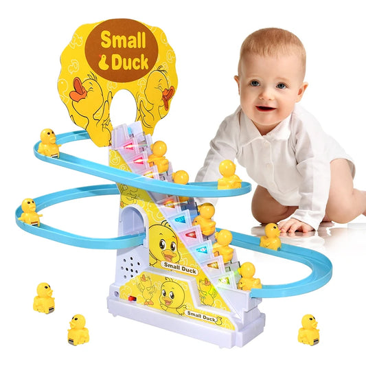 Electric Duck Climbing Stairs Track Toy – Musical Light-Up Roller Coaster for Toddlers